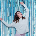3 Pack 3.3x8.2 Feet Light Blue Foil Fringe Backdrop Curtains, Tinsel Streamers Birthday Party Decorations, Fringe Backdrop for Graduation, Baby Shower, Gender Reveal, Disco Party