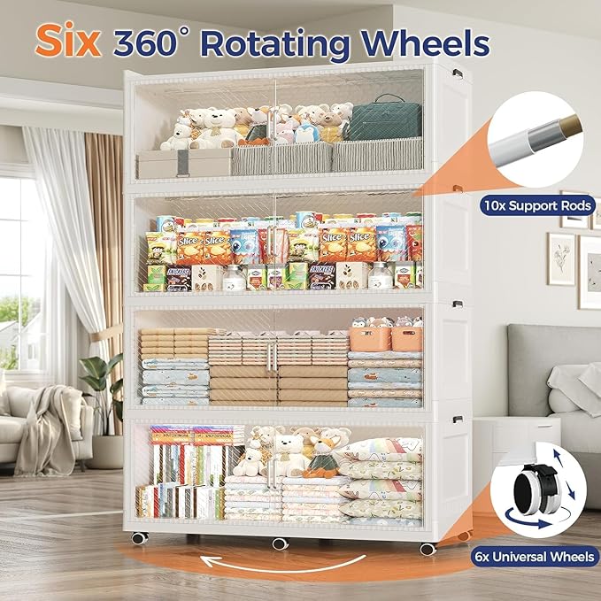 240Gal Extra Large Stackable Storage Bins with Lid, 960Qt Collapsible Storage Box with Wheels, Closet Organizers and Storage Cabinet Container for Home, Kitchen, Office, 3Pack White Clear