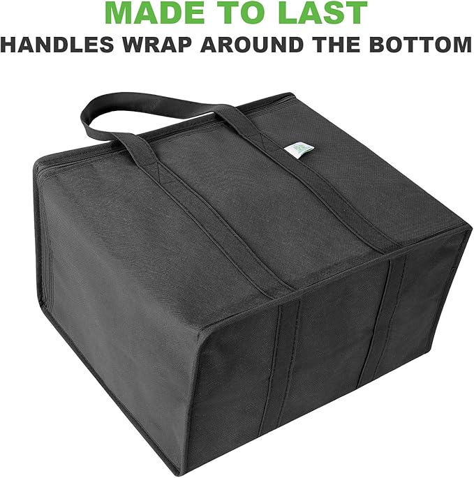 VENO 2 Pack Cooler Bags - Insulated for Food Delivery, Collapsible and Reusable Shopping Bags with Zipper, Foldable, Heavy-Duty, Stands Upright - Ideal for Groceries (Black, 2 Pack)