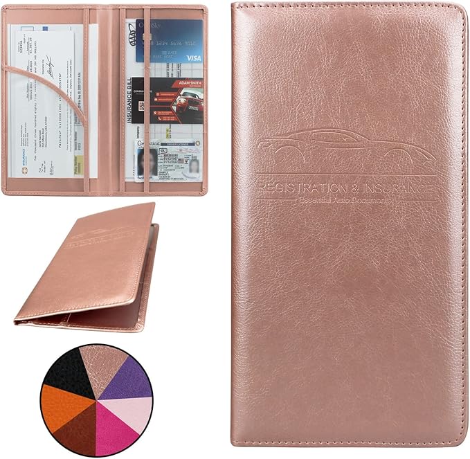Car Registration and Insurance Holder, Premium Pu Leather Vehicle Glove Box Organizer - for Driver License, Cards & Essential Documents (L-Rose Gold)