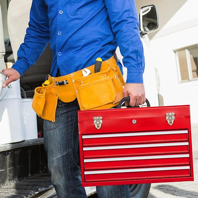 4 Drawers Metal Tool Box Portable Steel Tool Chest with Metal Latch Closure & Key Lock, 20" Powder Coating Top Storage Tray Toolbox with Handle, Suitable for Repair Shop & Garage (Red)