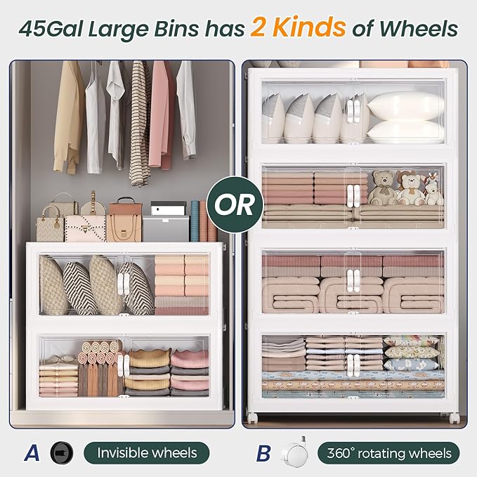135Gal Stackable Storage Bins with Lid and Wheels, 540QT Plastic Collapsible Storage Boxes with Doors, Closet Organizer and Storage Cabinet for Home Kitchen Office Dorm Room, 3Pack White