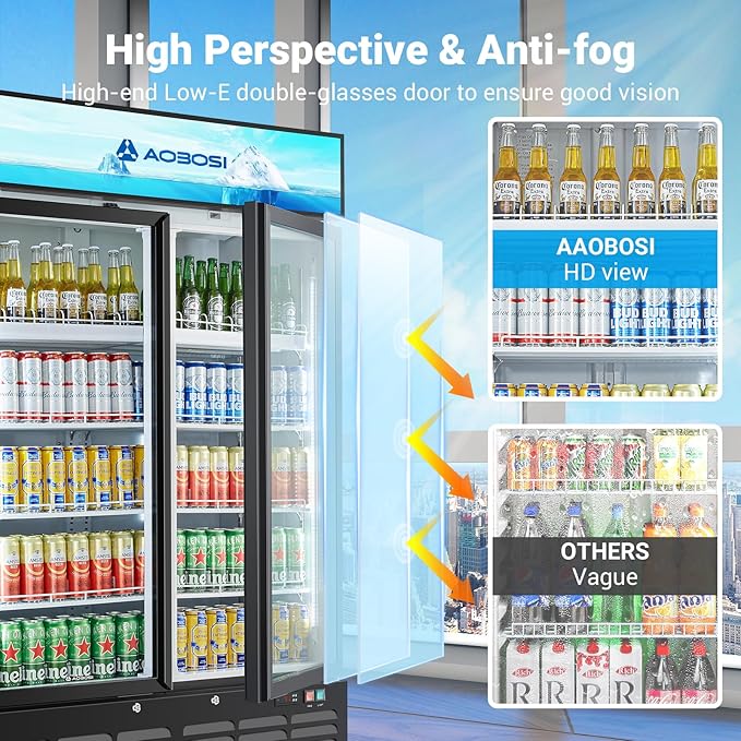 AAOBOSI Commercial Merchandiser Refrigerator,27.02 Cu.Ft Glass Door Display Refrigerator,Upright Beverage Cooler Fridge with Soft LED Light, Customizable Lightbox,Universal Casters,Adjustable Shelves