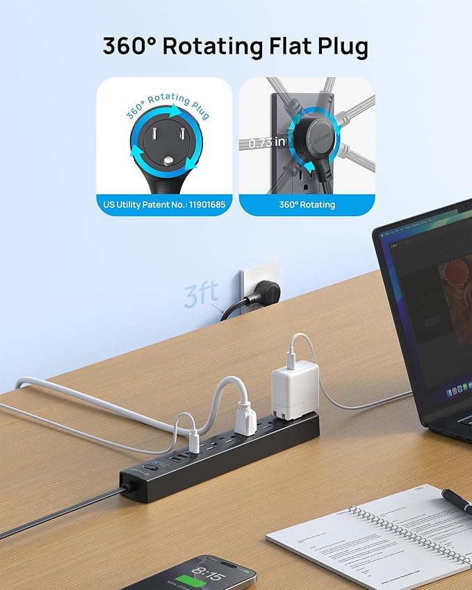 TROND Surge Protector Power Strip with 360° Rotating Flat Plug, 5 Widely Spaced Outlets with 2 USB C and 2 USB A, 1440J Surge Protector, Wall Mountable, Extension Cord 3ft for Home Office Dorm, Black