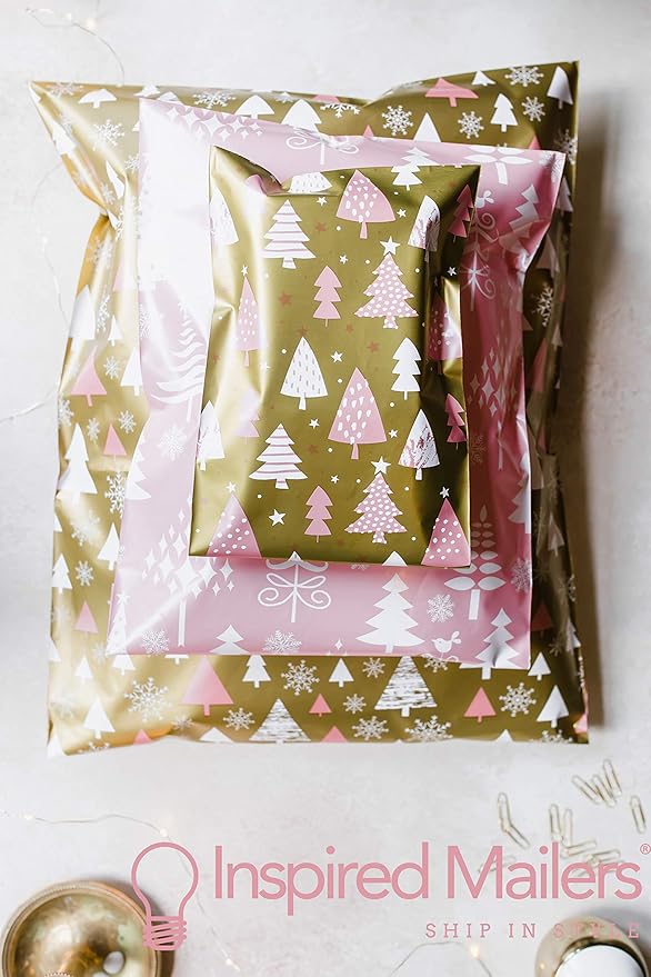 Inspired Mailers - Poly Mailers 14.5 x 19-50 Pack - Gold Snowflakes (Green) - Winter Shipping Envelopes - Large Mailing Bags - Packing Bags for Shipping
