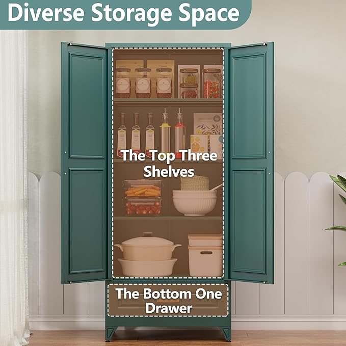 Metal Storage Cabinet,75" Tall Kitchen Pantry Storage Cabinet with Doors and Adjustable Shelves, Green Metal Pantry Cabinets with Drawer, Large Cupboard for Kitchen, Dining Living Room