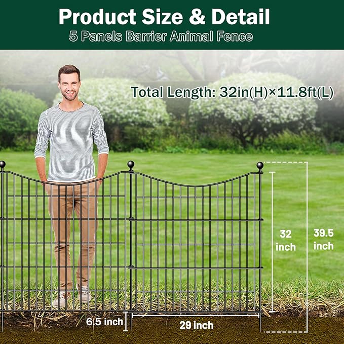 5 Panels No Dig Dog Fence Outdoor for Yard, 32 in(H) X 12 ft(L) Decorative Tall Garden Fence Animal Barrier, Rustproof Metal Wire Garden Edging and Borders, Temporary Fencing Stakes