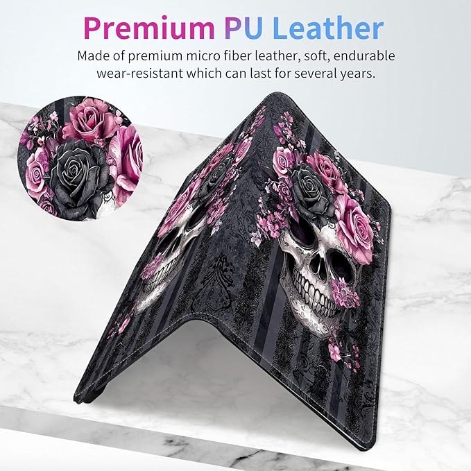 Car Registration and Insurance Holder,Leather Insurance License and Registration Card Holder for Car Glove Box, Auto Truck Document Holder Organizer for Men Women-Pink Black Rose Skull