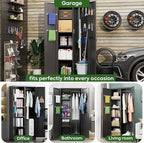 71.37" H Broom Closet Storage Cabinet with Towel Hangles and Adjustable Shelves,Metal Tool Cabinets with Pegboard and Hooks for Garage Laundry Room Home Office,Required Assembly,Black