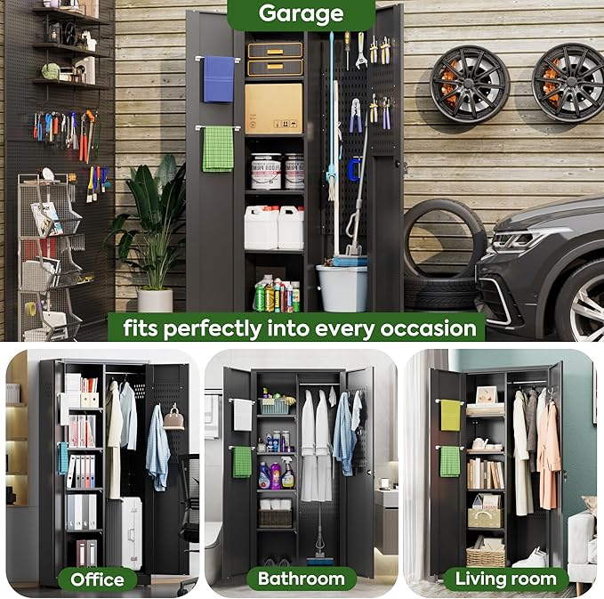 Broom Closet Storage Cabinet with 5 Pegboard, Hanging Rod &13 Hooks, Utility Metal Garage Storage Cabinets with Doors and 4 Shelves for Garage Home Office, Black,71.4" H x 31.5" W x 15.7" D