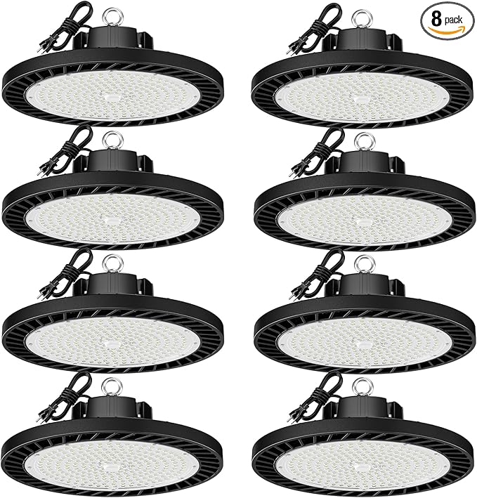 8 Pack 150W UFO LED High Bay Lights, 5000K Daylight, Super Bright 22500 LM, AC100-277V, High Bay Led Shop Lights with US Plug 5ft Cable for Garage Plug & Play Lighting for Warehouse