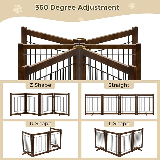 Wire Dog Gate Solid Wood Frame, Anti-Chewing, 4-Panel, 24" Height, 80" Width, Indoor Freestanding Pet Gate Foldable Wooden Dog Fences for Stairs, House, Doorway, Walnut Color