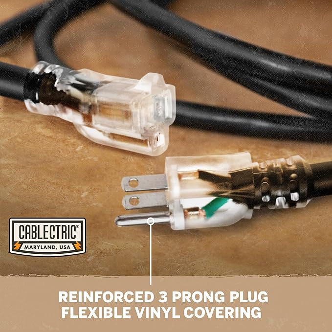 Heavy Duty Extension Cord 100 Ft, 12 Gauge Long Outdoor Extension Cord with 3 Prongs, SJTW Weatherproof Black 12/3, 15 AMP, Great for Major Appliances - Lighted Ends