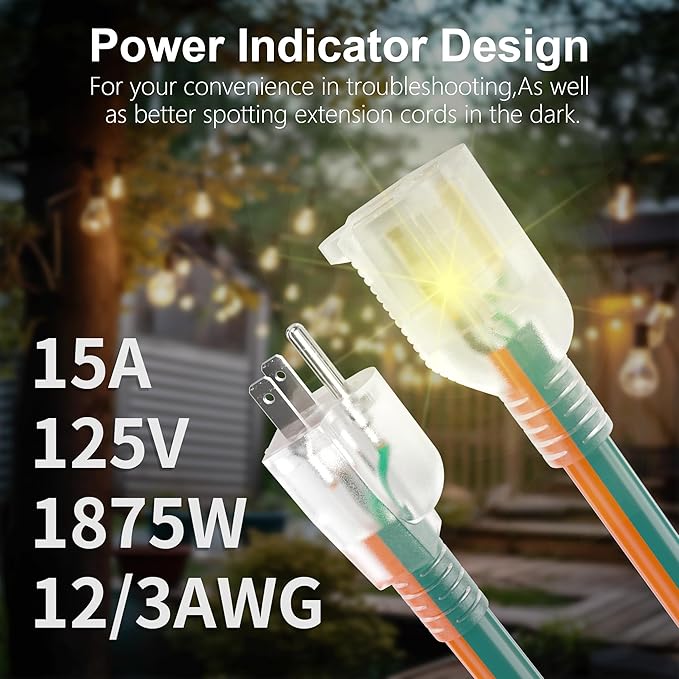 HUANCHAIN 12 Gauge 25 ft Outdoor Extension Cord with Lighted End, Heavy Duty Flexible Cold-Resistant 3 Prong Electric Cord Waterproof Outside, 15Amp 1875W 12AWG SJTW, Orange Green, ETL
