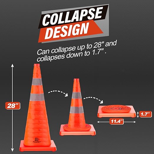 RoadHero 28 Inch 20 Pack Collapsible Traffic Safety Cones, Multi Purpose Pop-up Cones with Reflective Collar for Road Safety, Orange Cones for Driving Training, Parking Lots