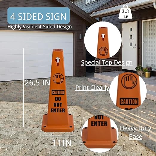 BESEA 4Pack Red Cones Caution DO NOT Enter Sign 4-Sided Heavy Duty Traffic Cones with Weighted Base for Restricted Areas, Construction Zones, Private Property
