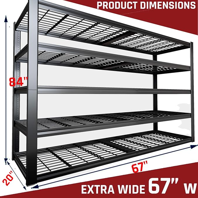 68" W Garage Shelving Heavy Duty, 5 Tier Garage Shelves, Adjustable Storage Shelving Unit, Commercial Metal Shelf for Kitchen, Warehouse, Pantry, School, Shop, 68" Wx20 Dx84 H, 2 Pack