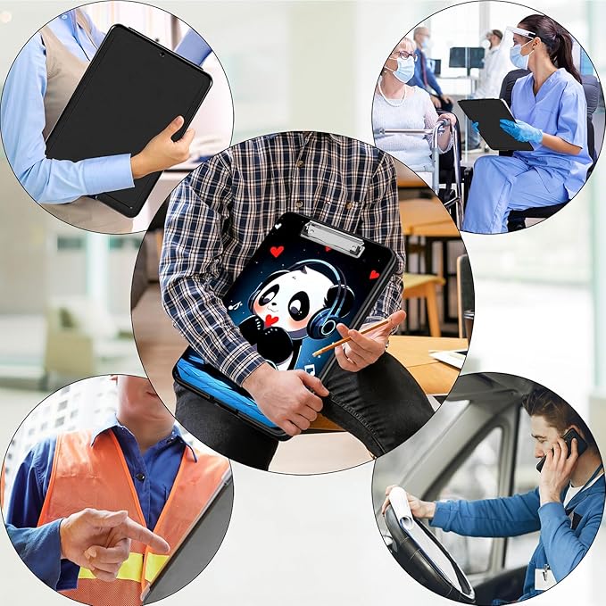 Clipboard with Storage,Office Supplies Nursing Clipboards Folder with Pen Holder Plastic Foldable Clip Board with Storage for Nurse Teacher,Cute Music Panda