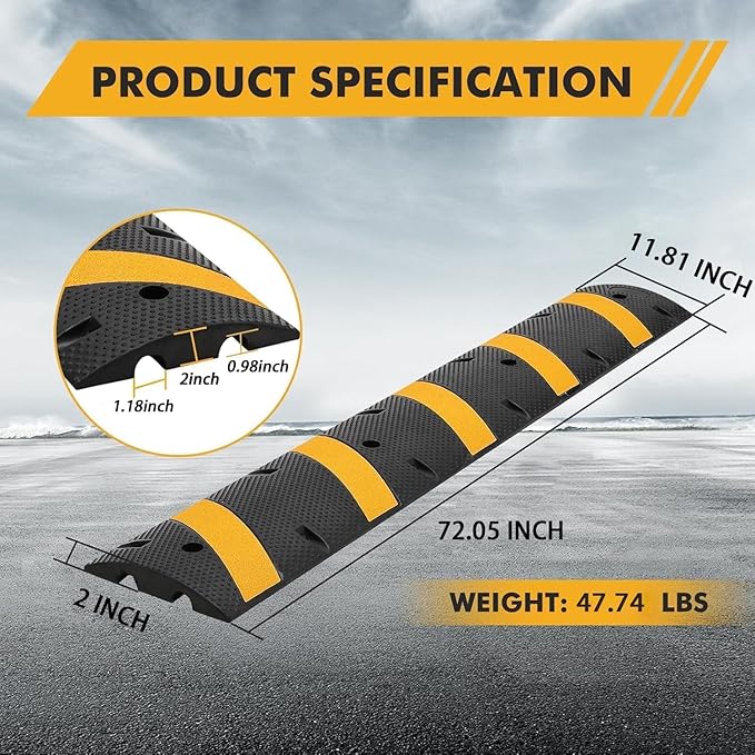 6 FT Heavy Duty Rubber Speed Bump 6-Pack, Driveway Cable Protector Ramp with Installation Bolts for Parking Lots, Garage & Gravel Roads