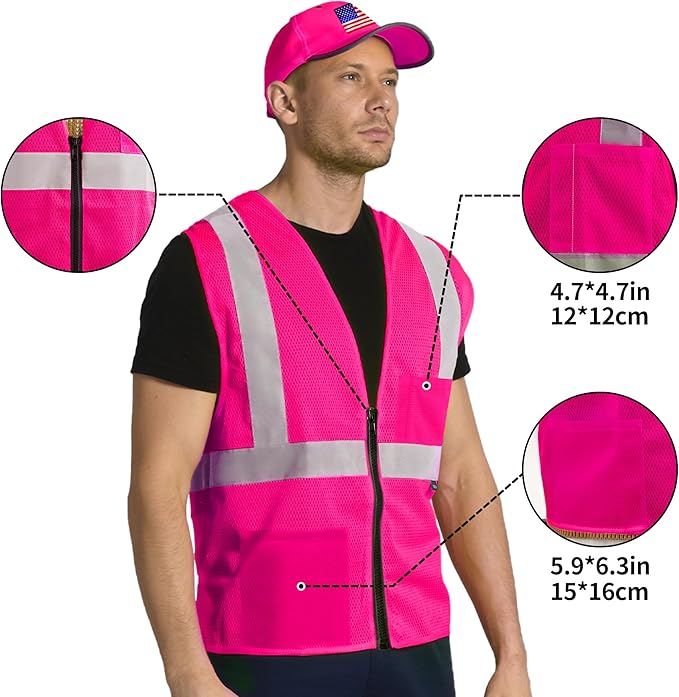 AYKRM 2 Pockets Reflective Safety Vest High Visibility Class II Mesh Vest for Women & Men Meets ANSI Standards