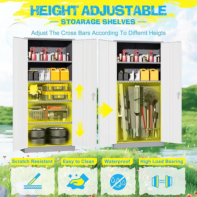 Pataku Metal Storage Cabinet, 71" Garage Cabinet with Doors and Shelves Lockable Steel Multifunctional Cabinets, File Cabinets for Home, Office, Garage, Warehouse(White Grey)