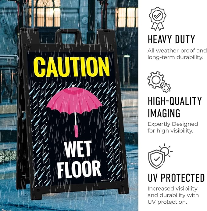 Caution Wet Floor Umbrella Sidewalk Sign Kit, 24x36 Inches, with A Frame Stand, Made in USA