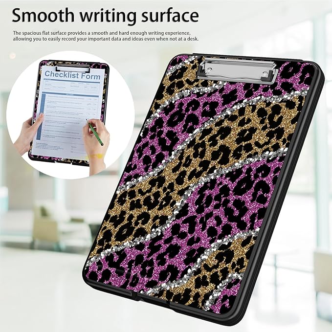 Clipboard with Storage,Office Supplies Nursing Clipboards Folder with Pen Holder Plastic Foldable Clip Board with Storage for Nurse Teacher,Pink Golden Leopard