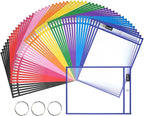 SUNEE 50 Packs Oversized Reusable Dry Erase Pocket Sleeves with 3 Rings, 10 Assorted Colors 10x14 Ticket Holders, Clear Plastic Sheet Protectors, Teacher School Classroom Supplies
