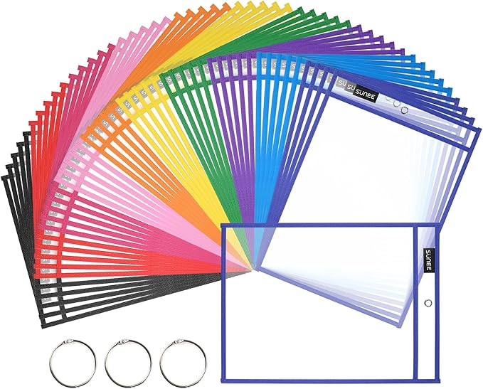 SUNEE 50 Packs Oversized Reusable Dry Erase Pocket Sleeves with 3 Rings, 10 Assorted Colors 10x14 Ticket Holders, Clear Plastic Sheet Protectors, Teacher School Classroom Supplies