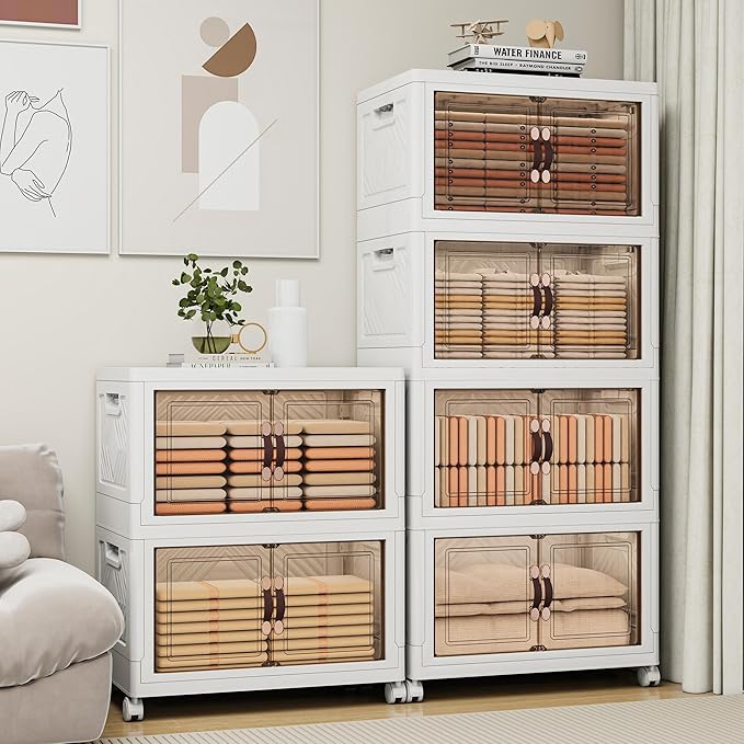 Storage Bins with 2 Lids and Wheels, 942QT-157QT*6Tier Collapsible Bathroom Storage Cabinet with Clear Doors, Plastic Stackable Closet Organizers and Containers White