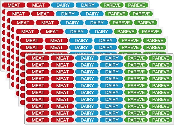 360PCS Kosher Labels for Kitchen, Color Coded Meat Dairy Pareve Stickers, PVC Material,1.25 x 0.27 Inch, Waterproof & Dishwasher Safe,Freezable and Microwavable