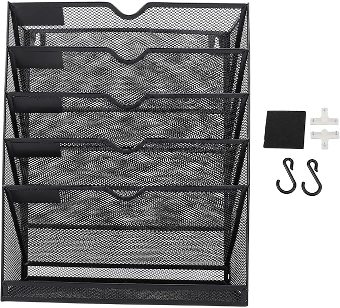 Walfront Hanging Wall File Holder 6 Tier Metal Hanging Wall Mount File Organizer for Home and Office Vertical Folder Rack with 5 Pockets Bottom Slot Grooves Tray Label Slot Easy Setup