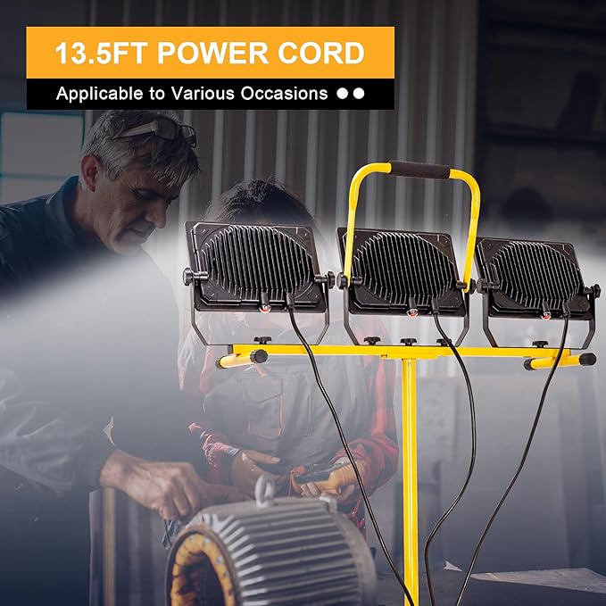 30000 Lumen Work Lights with Stand, 300W Three Head LED Work Light, Waterproof Lamp with Individual Switch, Adjustable Metal Telescoping Tripod（2 Pack）