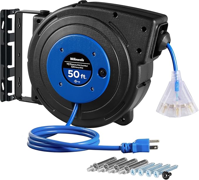 Retractable Extension Cord Reel, 50 FT Heavy Duty Power Cord, 14AWG/3C SJTOW, 3 Grounded Outlets Lighted Triple Tap, 13 Amp Circuit Breaker, UL Listed, Blue U50CR06