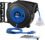 Retractable Extension Cord Reel, 50 FT Heavy Duty Power Cord, 14AWG/3C SJTOW, 3 Grounded Outlets Lighted Triple Tap, 13 Amp Circuit Breaker, UL Listed, Blue U50CR06