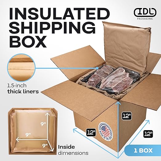 Insulated Thermal Shipping Box 12" x 12" x 12", Pack of 1 - USA-Made Cold Food Shipping Box 3.6-Gallon Capacity with Thermal Paper Liners, Absorb Condensation – Ideal for Frozen Food by IDL Packaging