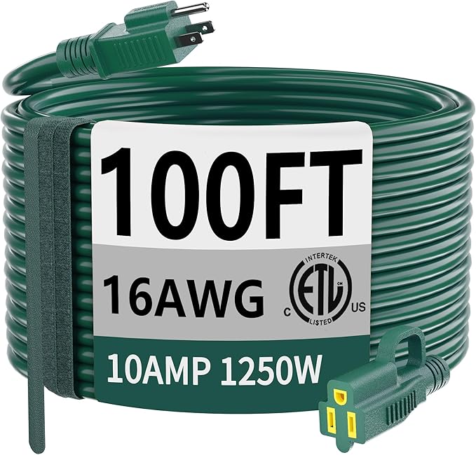 HUANCHAIN Indoor Outdoor Green Extension Cord 100 ft Waterproof, 16/3 Gauge Flexible Cold-Resistant Appliance Extension Cord Outside, 10A 1250W 16AWG SJTW, 3 Prong Electric Cable, ETL