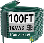 HUANCHAIN Indoor Outdoor Green Extension Cord 100 ft Waterproof, 16/3 Gauge Flexible Cold-Resistant Appliance Extension Cord Outside, 10A 1250W 16AWG SJTW, 3 Prong Electric Cable, ETL