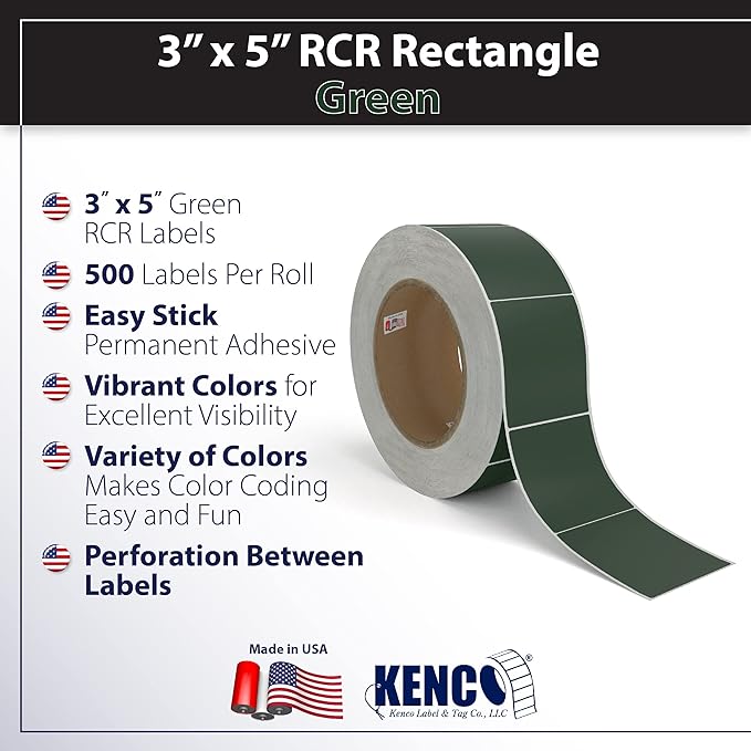Kenco Color Coding 3 X 5 Rectangle Labels, Inventory Control Stickers 500 Labels Per Roll, Made in The USA (Hunter Green)