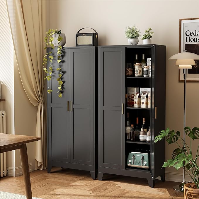 COFaR 61" Tall Pantry Cabinet in Black, Modern Storage Cabinet with Adjustable Shelves, Sturdy Metal Cupboard for Kitchen, Office, Living Room & Bathroom Organization