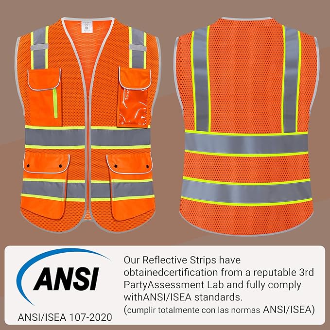 High Visibility Safety Vest - Reflective Breathable Mesh with 9 Pockets, Front Zipper for Men & Women - Meets ANSI/ISEA Standards