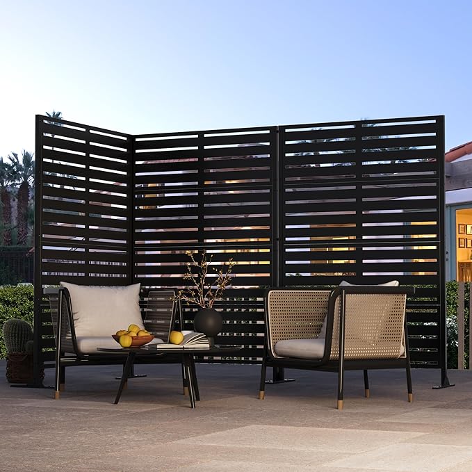 Modern Shade Metal Privacy Screen 72" H x 48" W, Freestanding Decorative Outdoor Privacy Fence Panels for Instant Privacy & Space Division, Patio Screens for Patios Outside Outdoor, Black, 3 Panel