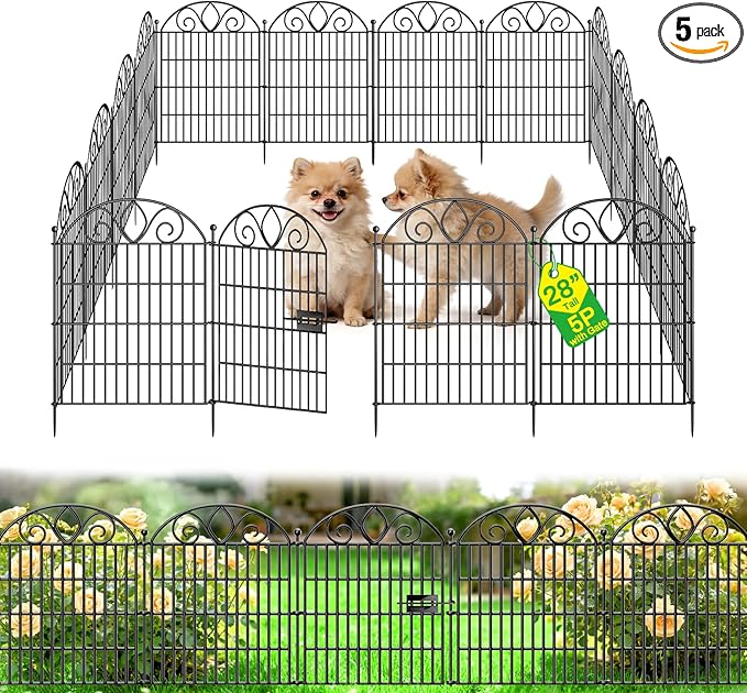 5 Panels No Dig Decorative Garden Fence with Gate – 28" H X 9.8' L Rustproof Metal Dog Fence Outdoor for Yard, Animal Barrier Fence for Pet, Garden Border, Patio, Flower | Temporary Fencing