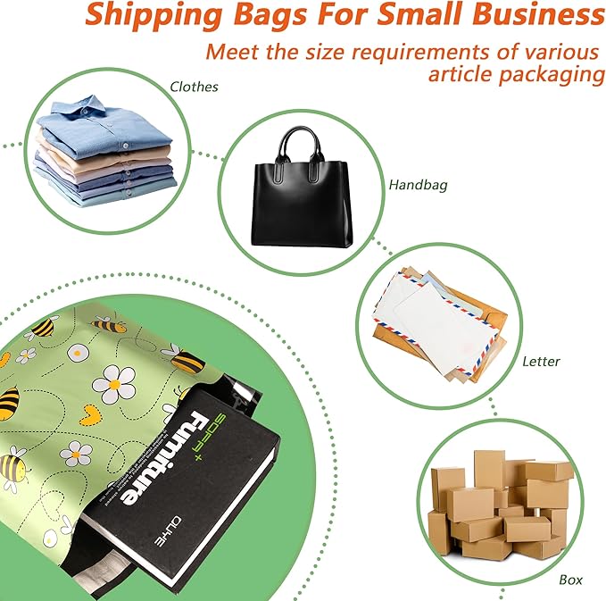 Poly Mailers 10x13 Inch 100 Pcs - Bee printed Shipping Bags, 2.4mil Thickness, Waterproof and Tear Resistant Mailing Envelopes, Self-Sealing Packaging Bags for Small Business