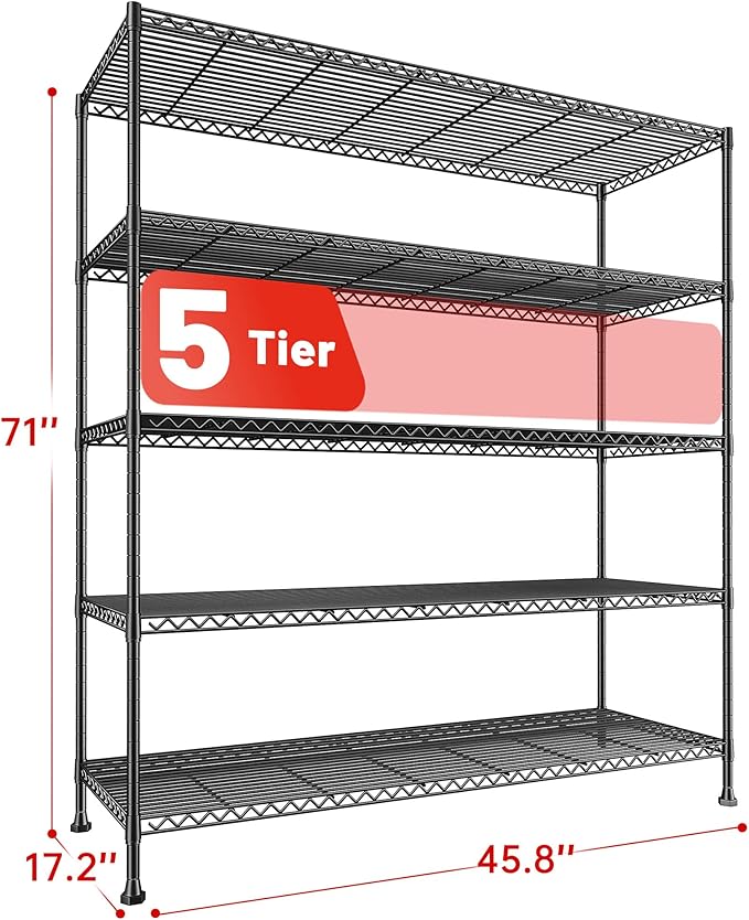 REIBII 45.8“W Metal Shelving Storage Shelves, 5-Tier Wire Shelving Unit,Heavy Duty Garage Shelving, Adjustable Storage Rack for Restaurant Pantry Kitchen Dining Room Supermarket Commercial Black