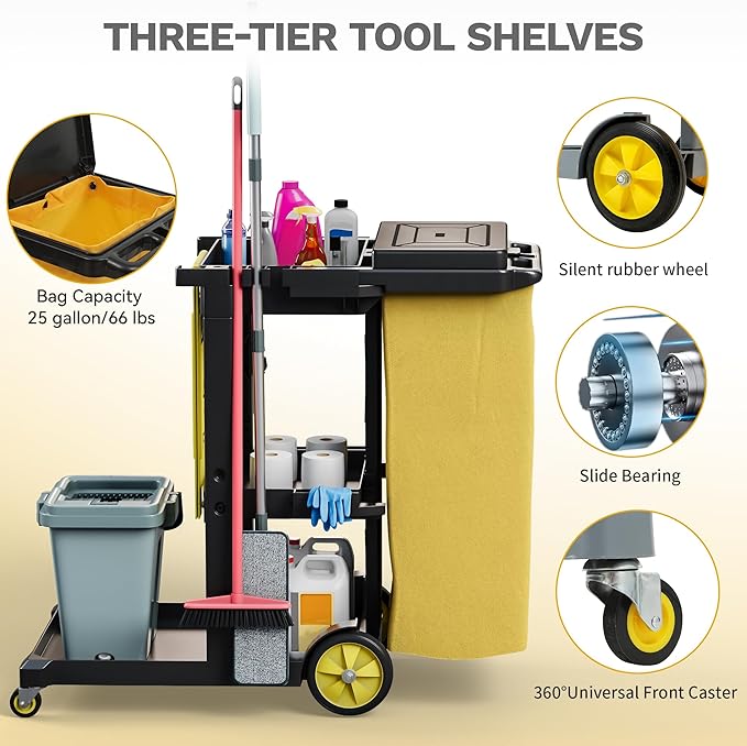 DWVO Janitorial Cart on Wheels, Cleaning Carts, Housekeeping Carts, 3 Shelf Commercial Traditional Plastic Janitor Cart, with 2 Yellow 25 Gallon Vinyl Bag & Rubber Gloves for Restaurant Hotel Home