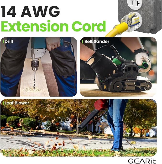 GEARit Outdoor 14 AWG Gauge 3 Prong Plug 100 Foot Extension Cord, Power Cord for Lawn, Garden, Appliances, 14/3, SJTW Heavy Duty for Indoor/Outdoor, All Purpose Weather Resistant, 100 Feet, Yellow