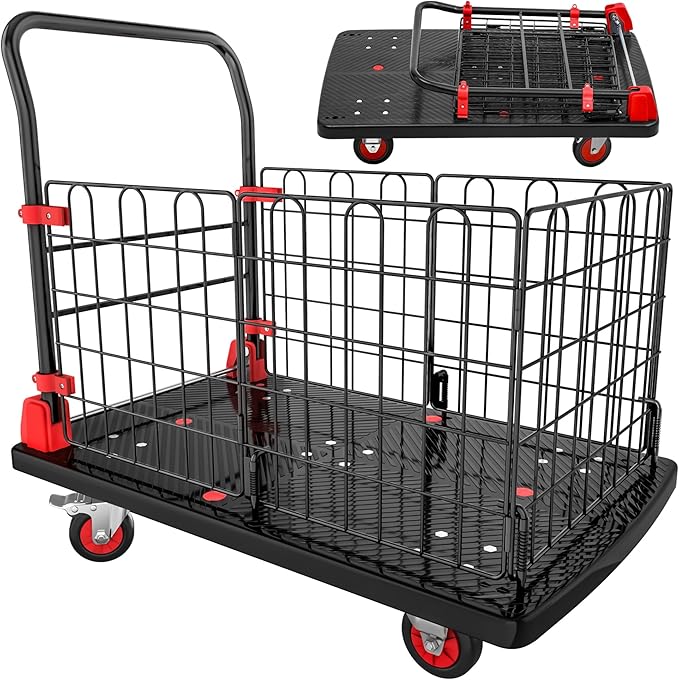 YITAHOME Platform Truck Cart with Cage, 42 x 26 in 1000LBS Capacity Folding Cart with Wheels,Heavy Duty Hand Moving Cart,Foldable Dolly Cart with Basket for Warehouse Luggage Moving