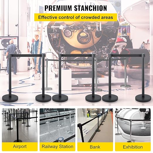 VEVOR Crowd Control Stanchion Set, Stanchion Set with 6.6 ft/2 m Black Retractable Belt, Black Crowd Control Barrier w/Concrete and Solid Metal Base - Easy Connect Assembly (6)