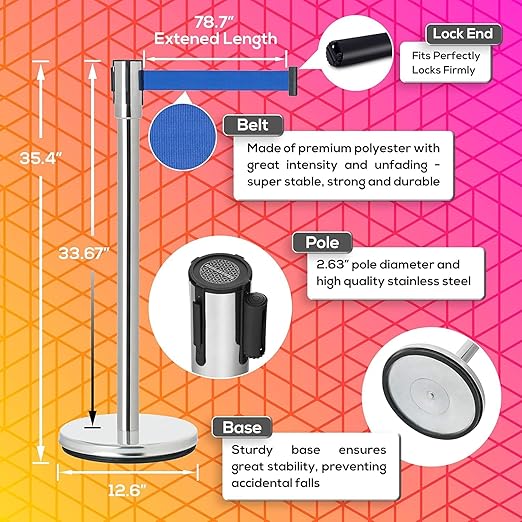 DuraSteel Chrome Crowd Control Barriers Stanchions with Retractable Belts - Metal Stanchion Posts w/ 6.5ft Blue Retractable Barrier Belt Ropes - Queue VIP Safety Line Dividers - Set of 2 Stantions